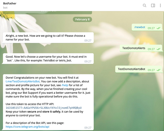 Domotz Telegram Integration - Telegram webhook BotFather message 