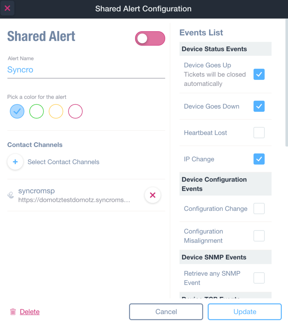Domotz Syncro integration: Shared Alerts