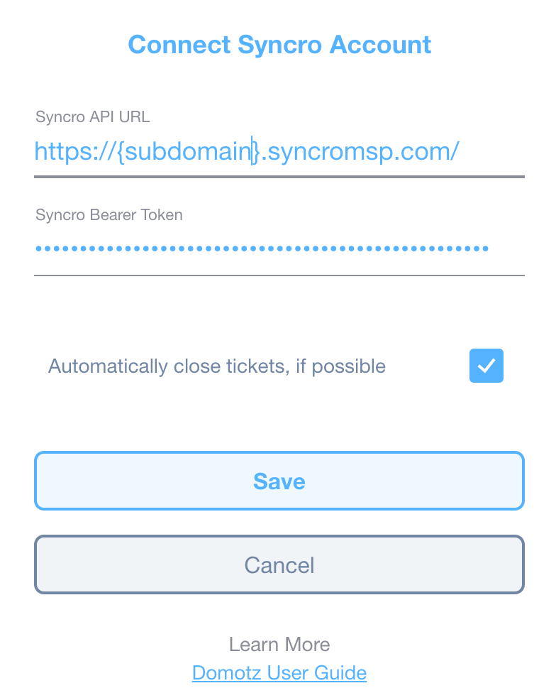 Domotz Syncro integration: Connect Syncro Account