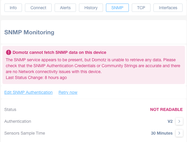 SNMP status unable to read status