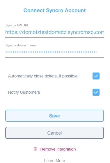 Domotz Syncro integration: connect Syncro account