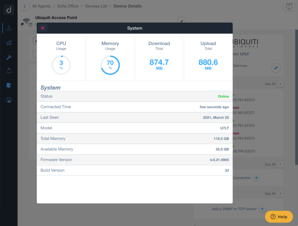 System details; download, upload, latency for Ubiquiti devices displayed on Domotz app. 