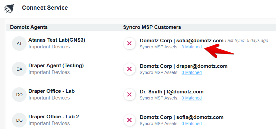 How to manually match a Domotz device with a Syncro Asset, click on the number of matched devices.