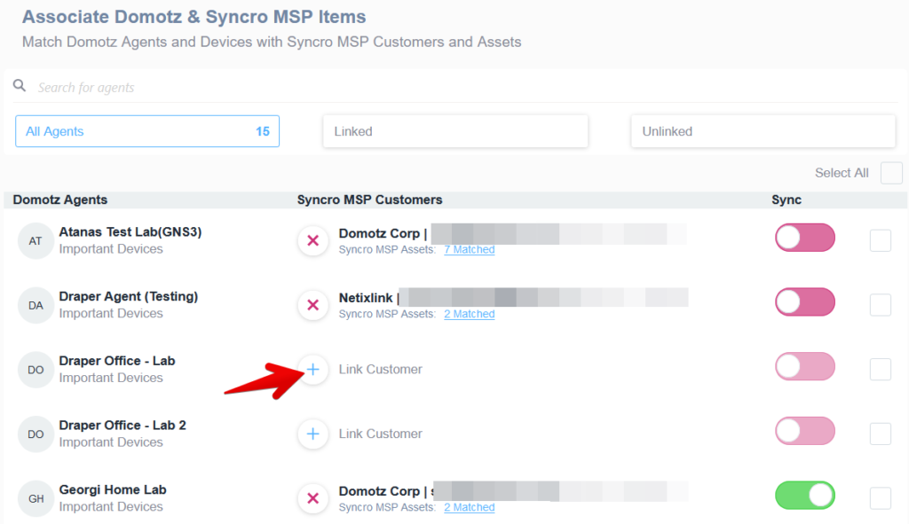 To link a Domotz Agent to a Syncro MSP Customers, click on the + button.