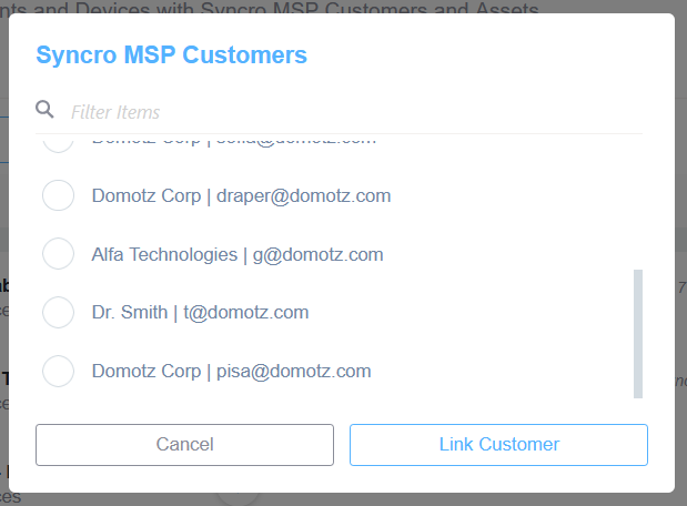 Choose the Syncro MSP Customer to link to the specific Domotz Agent