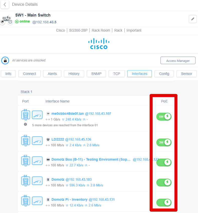 Showing the Interfaces tab in a Switch device details, highlighting the PoE controls