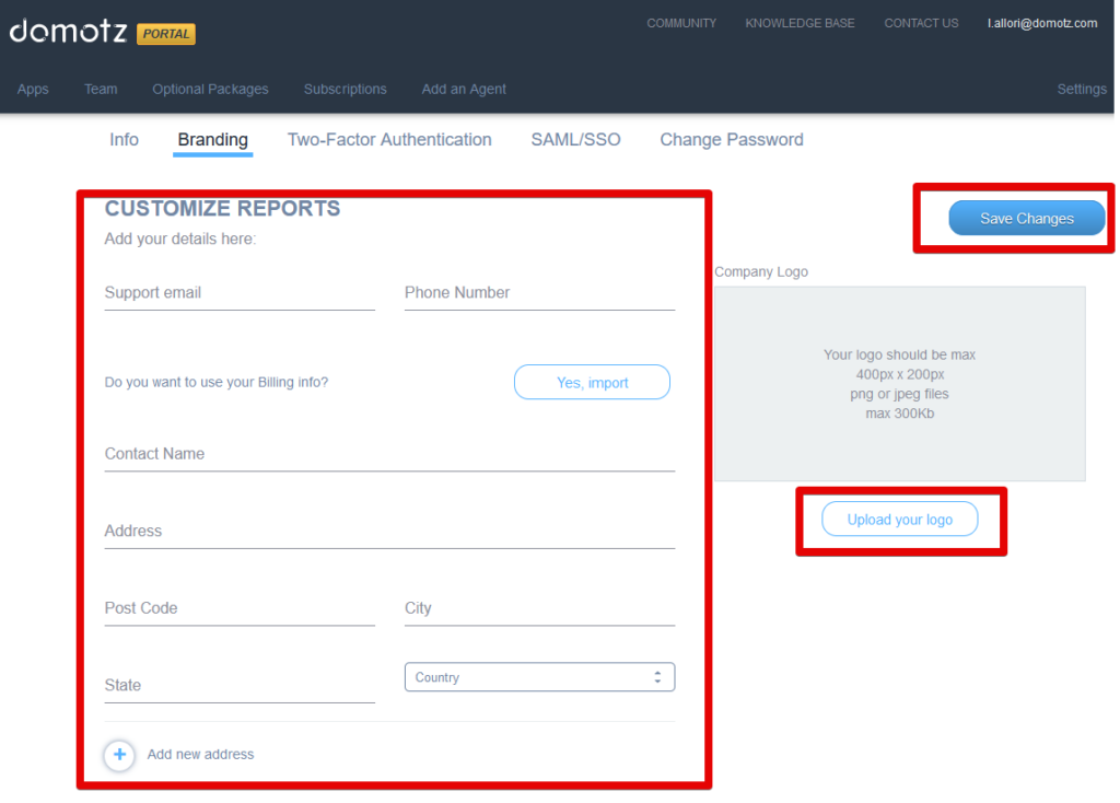 Showing the Branding section in the Domotz portal highlighting the Customize Reports section, the Upload Logo section, and the button "Save Changes"