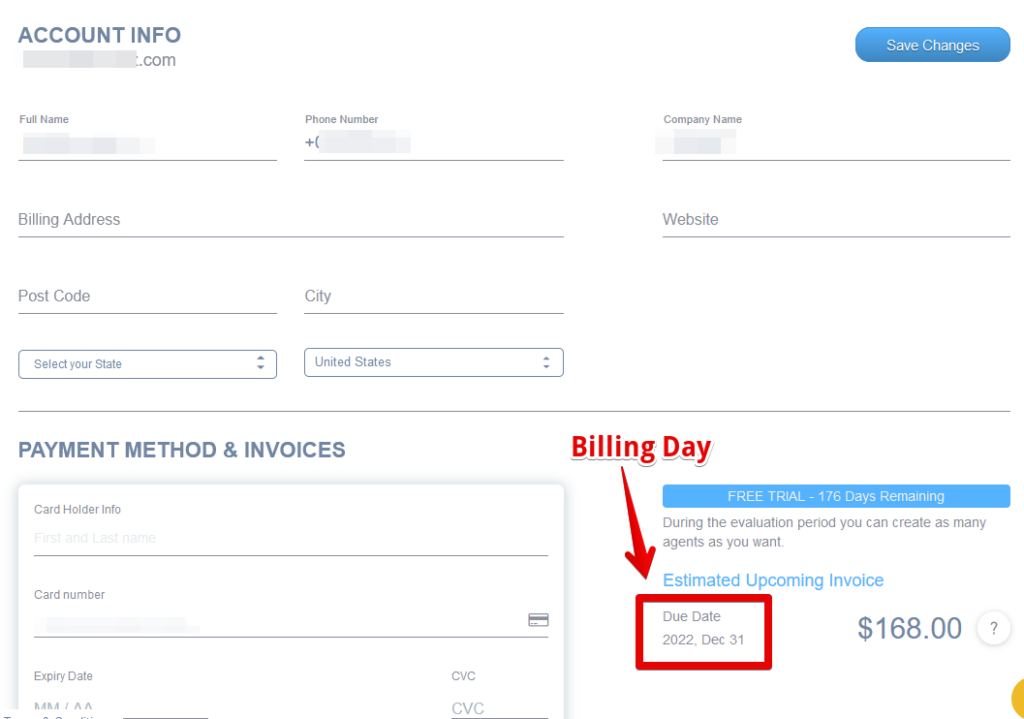 Showing the Account and Billing Info section in the Domotz portal Account setup on Domotz managing your account and billing details highlighting the Billing Day section