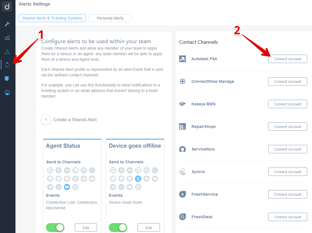 Showing how you can access the Contact Channels section in the Domotz App