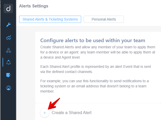 Showing how you can access the Alerts Settings section and where to click to create a Shared Alert Profile