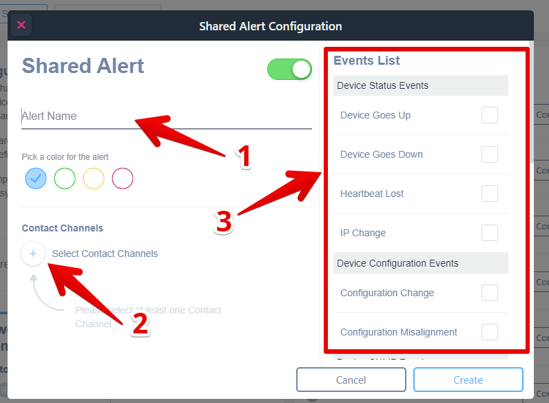 Showing how you can create a Shared Alert Profile, give it a name, associating a Contact Channel, decide which events you would like to monitor