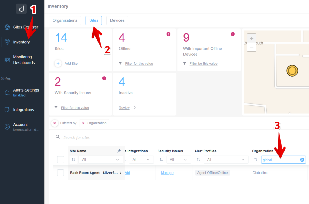 Showing how you can filter for sites which belong to a specific organization 