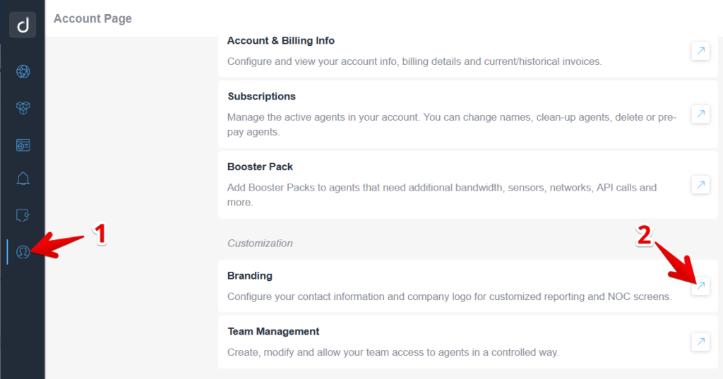 Showing how you can access the Branding section in the Domotz portal from the Domotz Web app Settings section