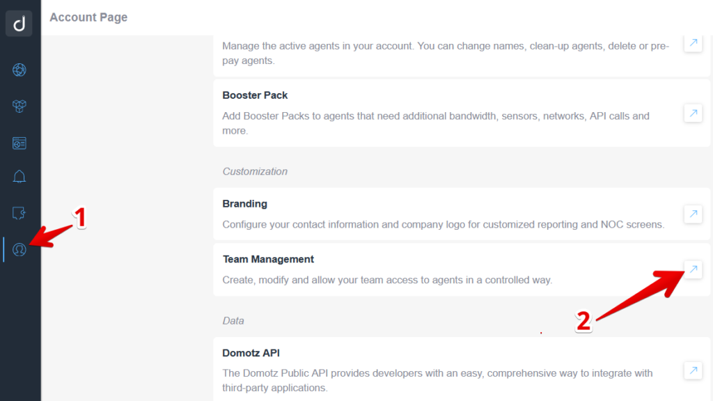 Showing how you can access the Team Management section in the Domotz portal from the Domotz Web app Settings section