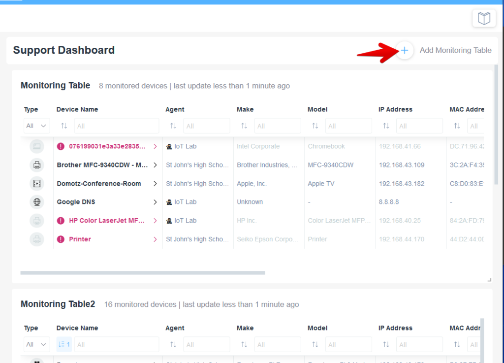 Showing how you can add a Monitoring Table to Domotz