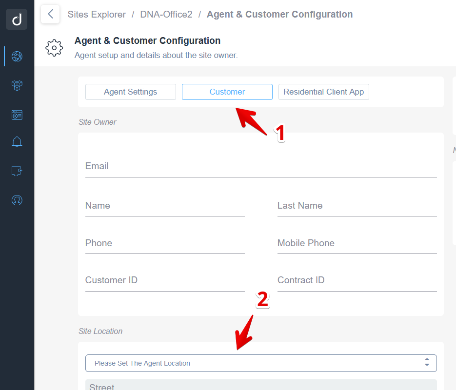 Showing how to manually change the Domotz Agent location in the Customer tab.