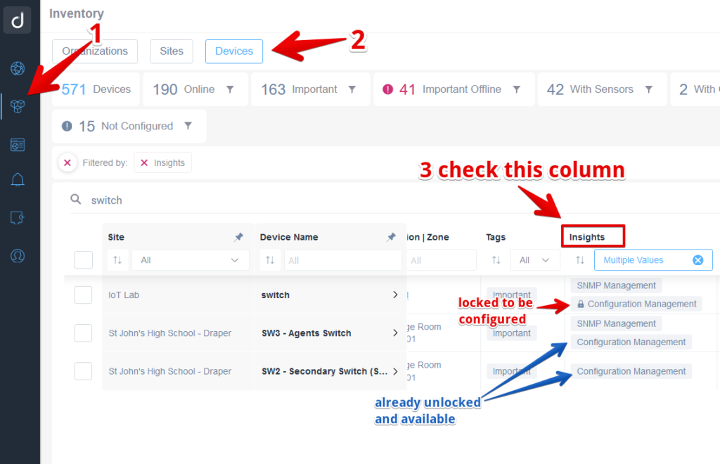 Showing how to find the insights column in the Inventory dashboard