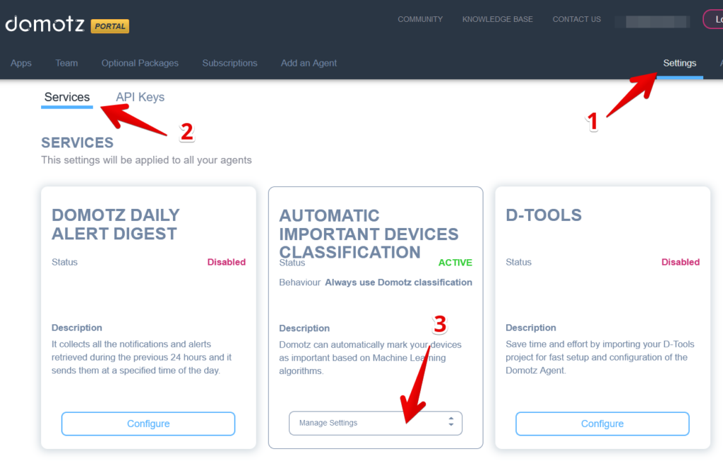 Showing how to find the Automatic Important Device Classification settings in the Domotz Portal.