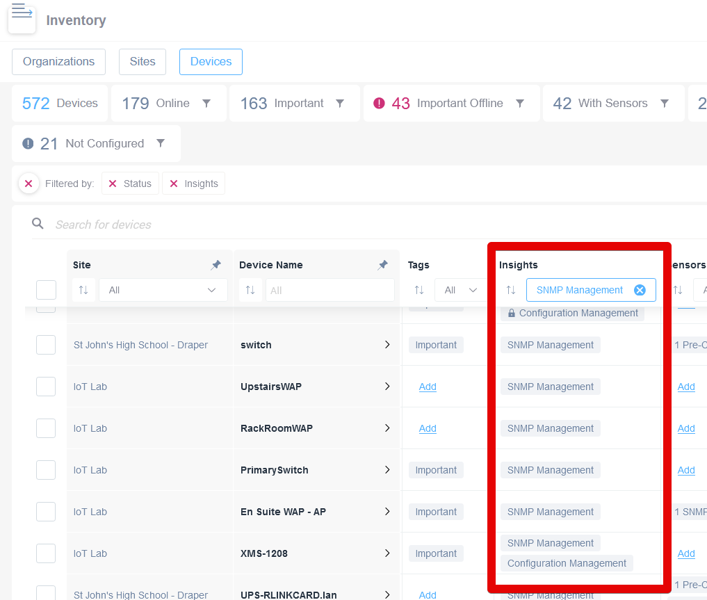 Showing the SNMP Management insight feature unlocked in the insight column