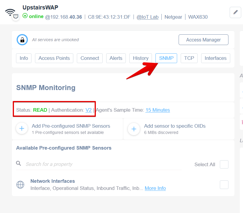 Showing an example of a device with the READ status in the SNMP tab