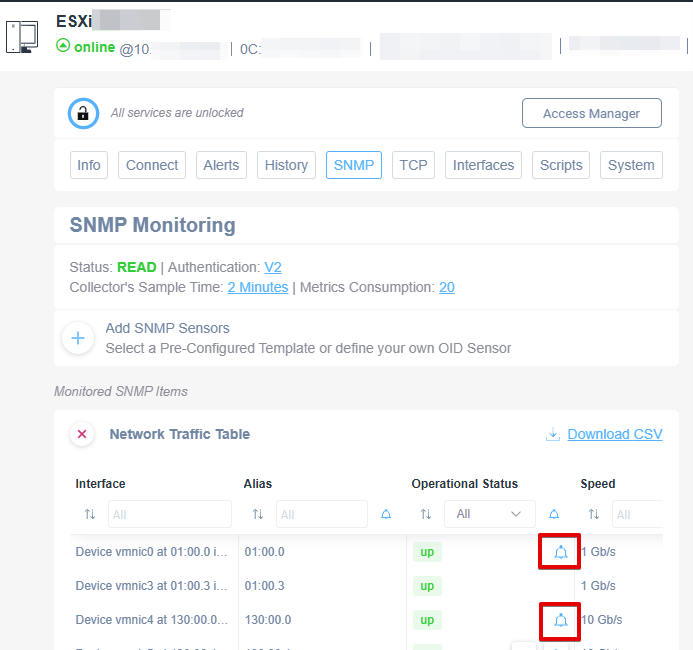 Alerts on sensors and how to configure from the devices tab