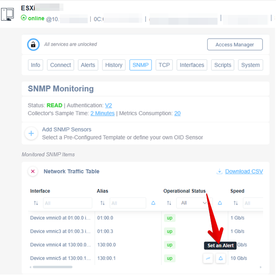 Alerts on sensors for SNMP monitoring examples