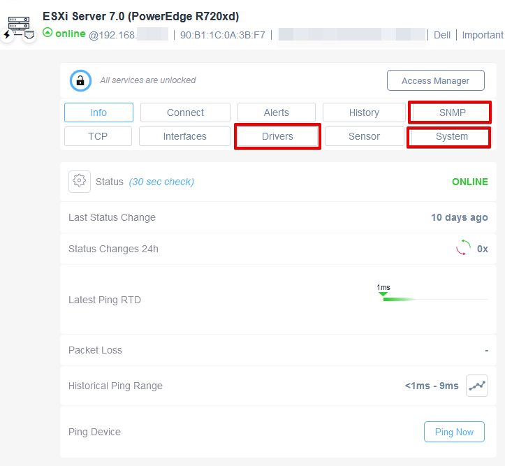 Alerts on sensors screenshot for SNMP, Drivers and OS monitoring