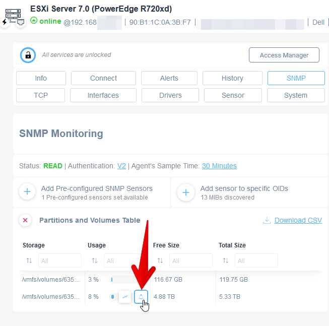 Alerts on sensors for SNMP monitoring