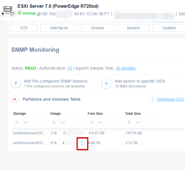 Alerts on sensors for SNMP monitoring examples