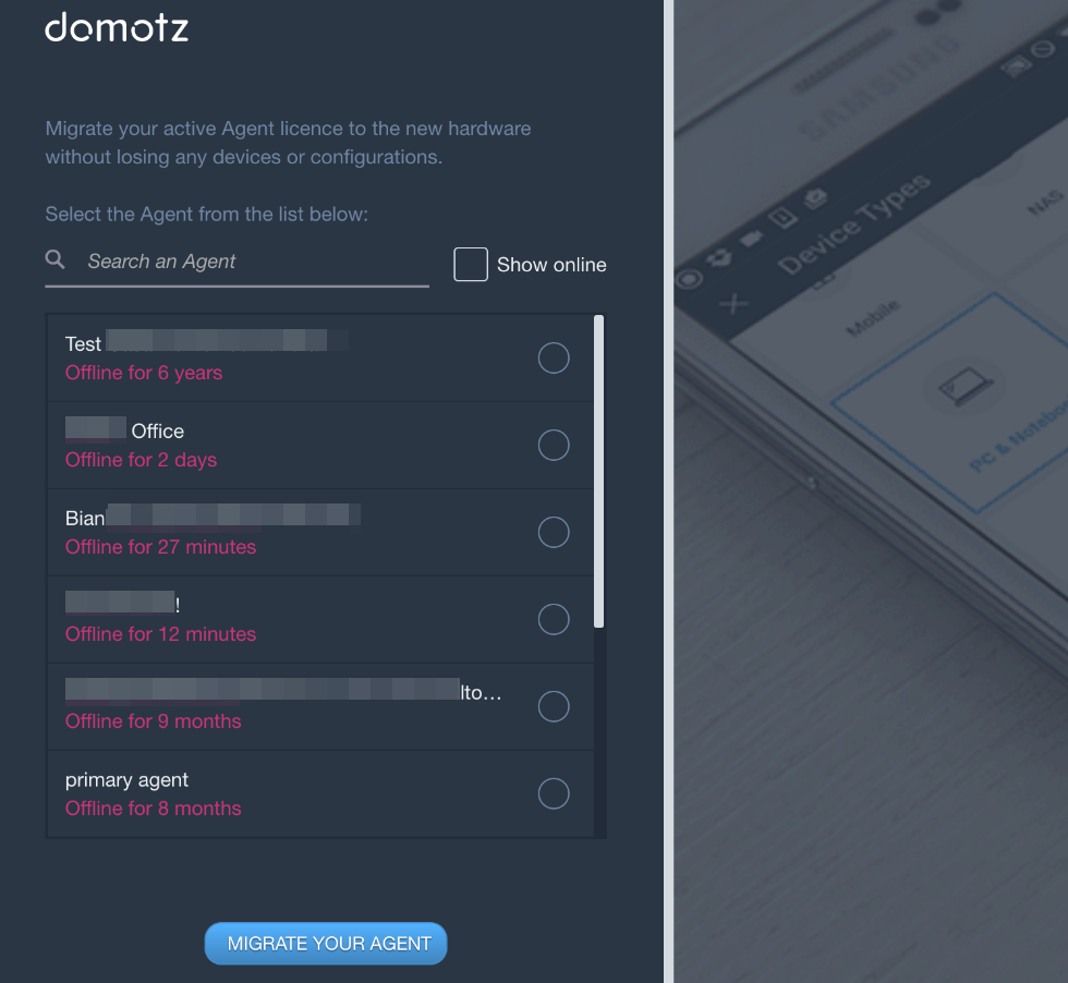 Move Domotz agent to new hardware steps to follow and searching for offline agent 