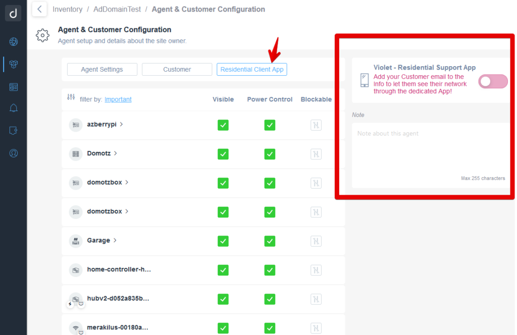 Agent & Customer Configuration page - the 'Residential Client App' section preview - Violet and Notes field highlighted