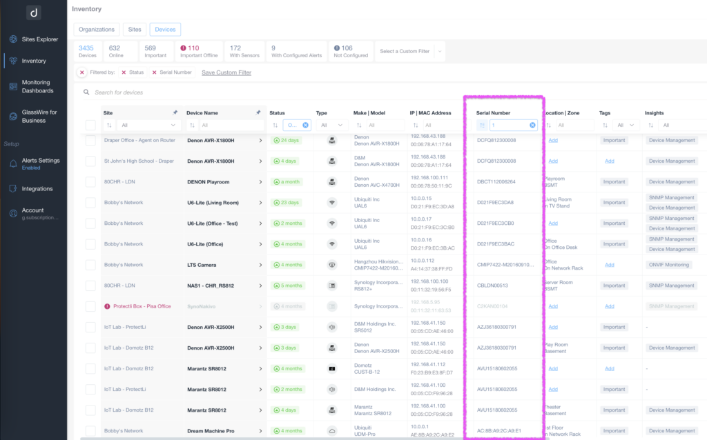 serial number column in the Domotz Inventory Dashboard