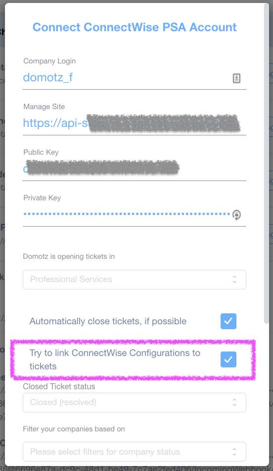 ConnectWise PSA configuration panel