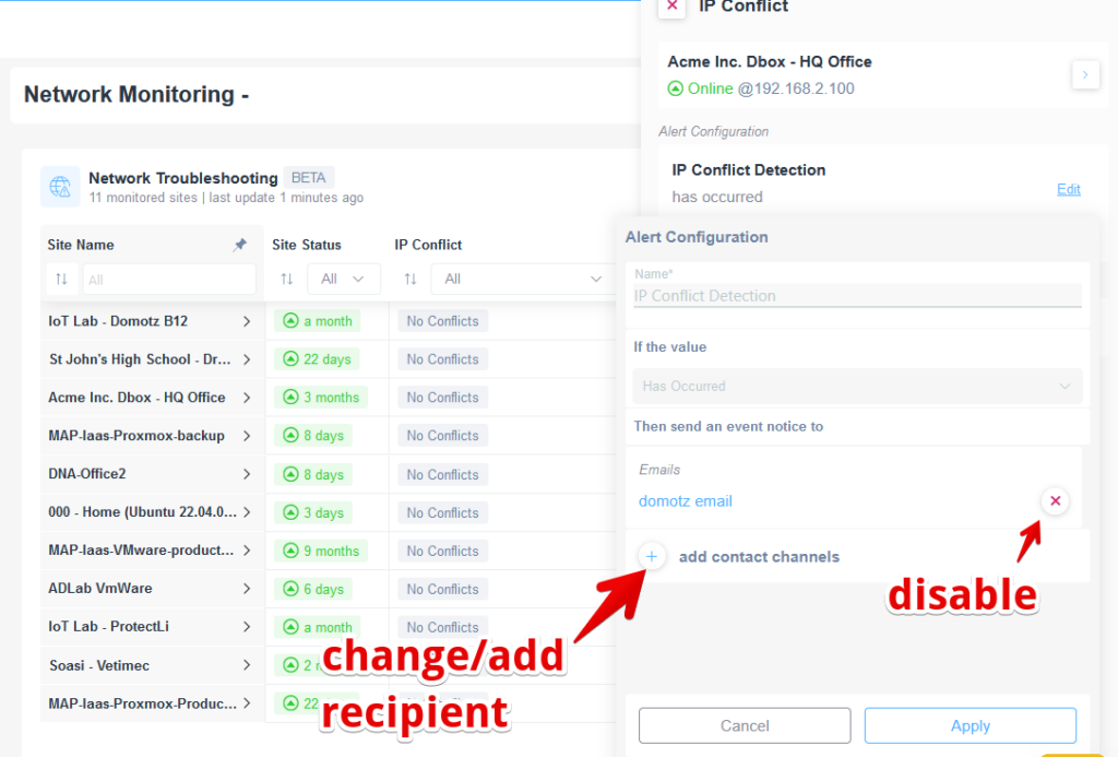 Network Troubleshooting change/add recipient or disable.