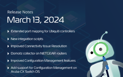 March 13, 2024 – Domotz collector on NETGEAR routers, extended port mapping for Ubiquiti controllers, new integration scripts, improved connectivity issue resolution, and more.