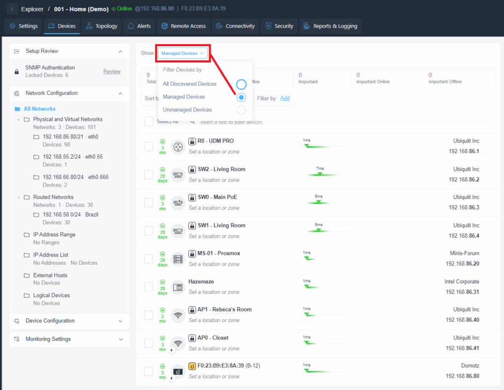 Devices List - Filtered to show Managed Devices