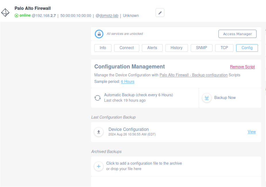 Palo Alto Configuration tab