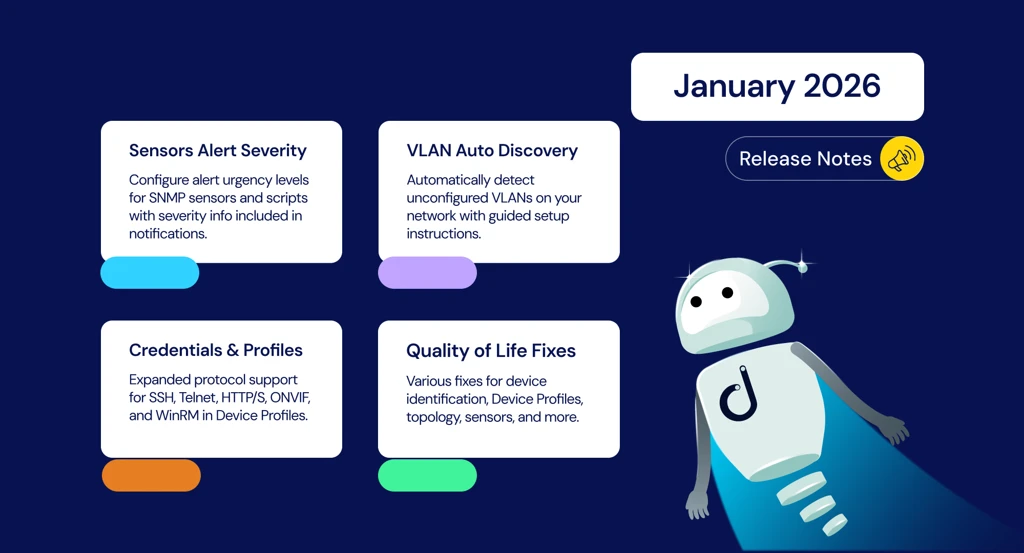 Graphic highlighting Domotz January 2026 updates, including Alert Severity for Sensors, automatic VLAN auto-discovery, Topology Freeze/Snapshot support, new credential protocols, and platform-wide fixes.